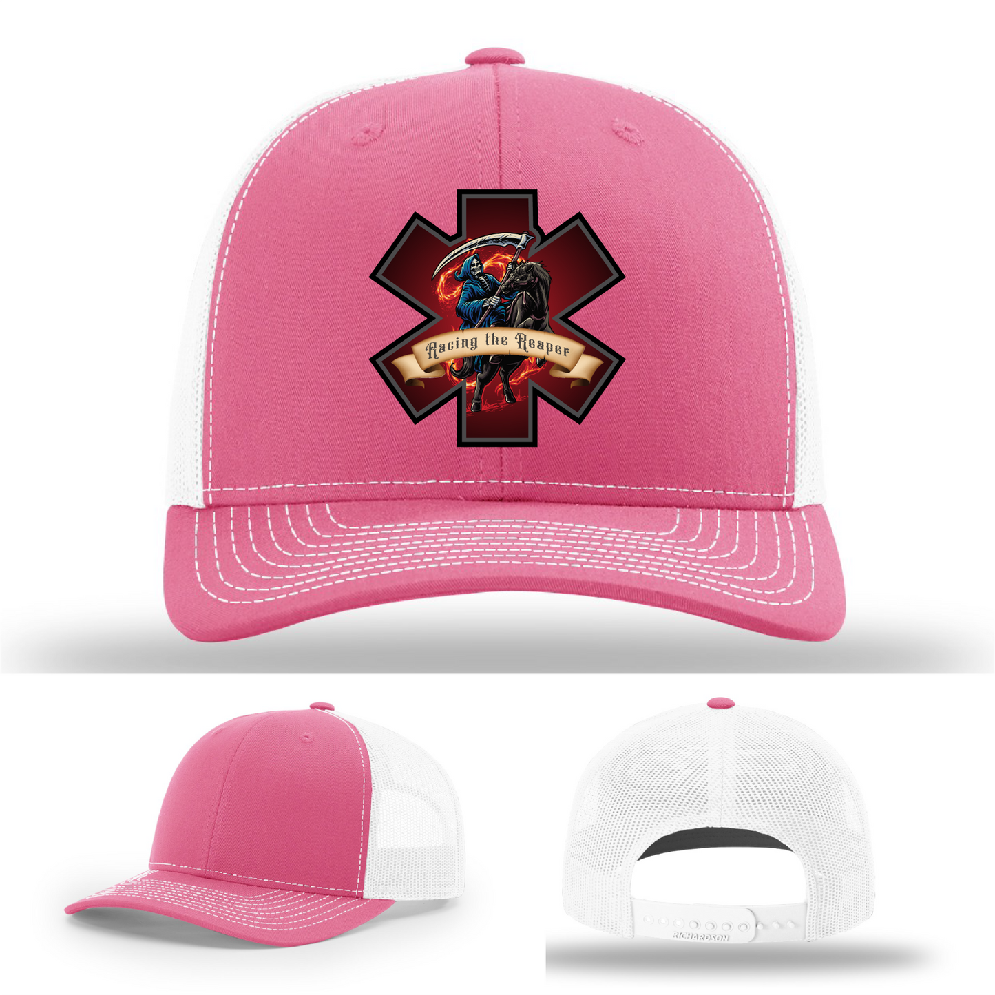 Grim Reaper leather patch logos – EMS firefighter themes on Richardson hat variants