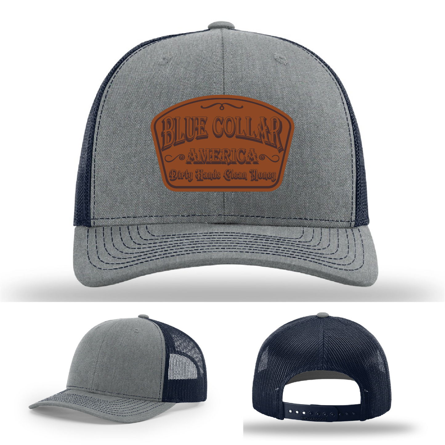 Richardson leather patch hat with 'Blue Collar America β Dirty Hands Clean Money