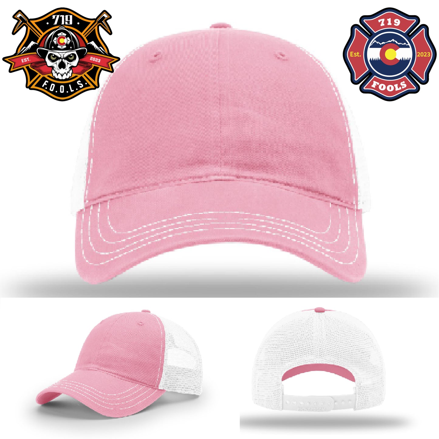 Firefighter hat with 719 FOOLS logo – custom leather patch on Richardson