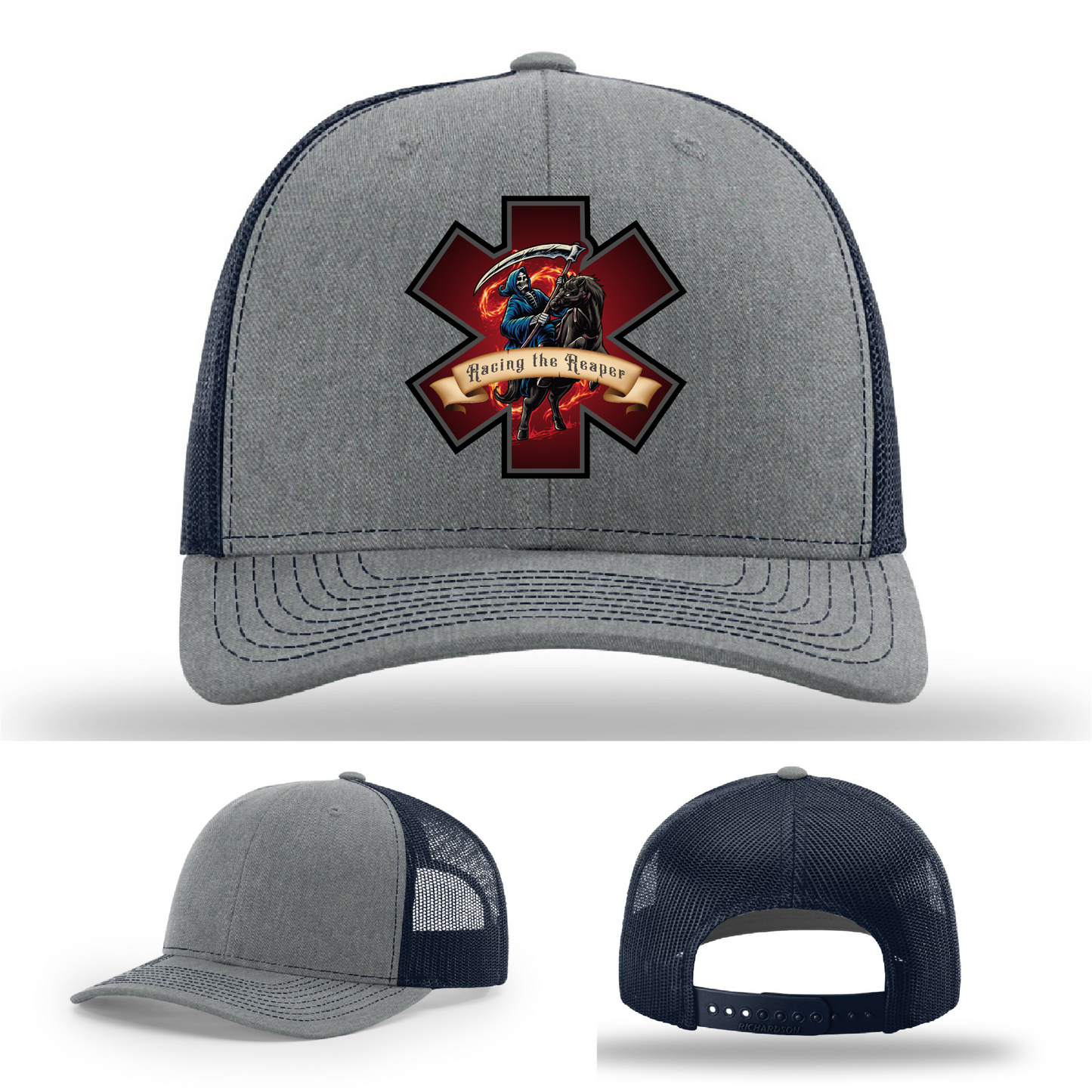 Variant firefighter hat logos – Racing the Reaper patch options on Richardson leather hats