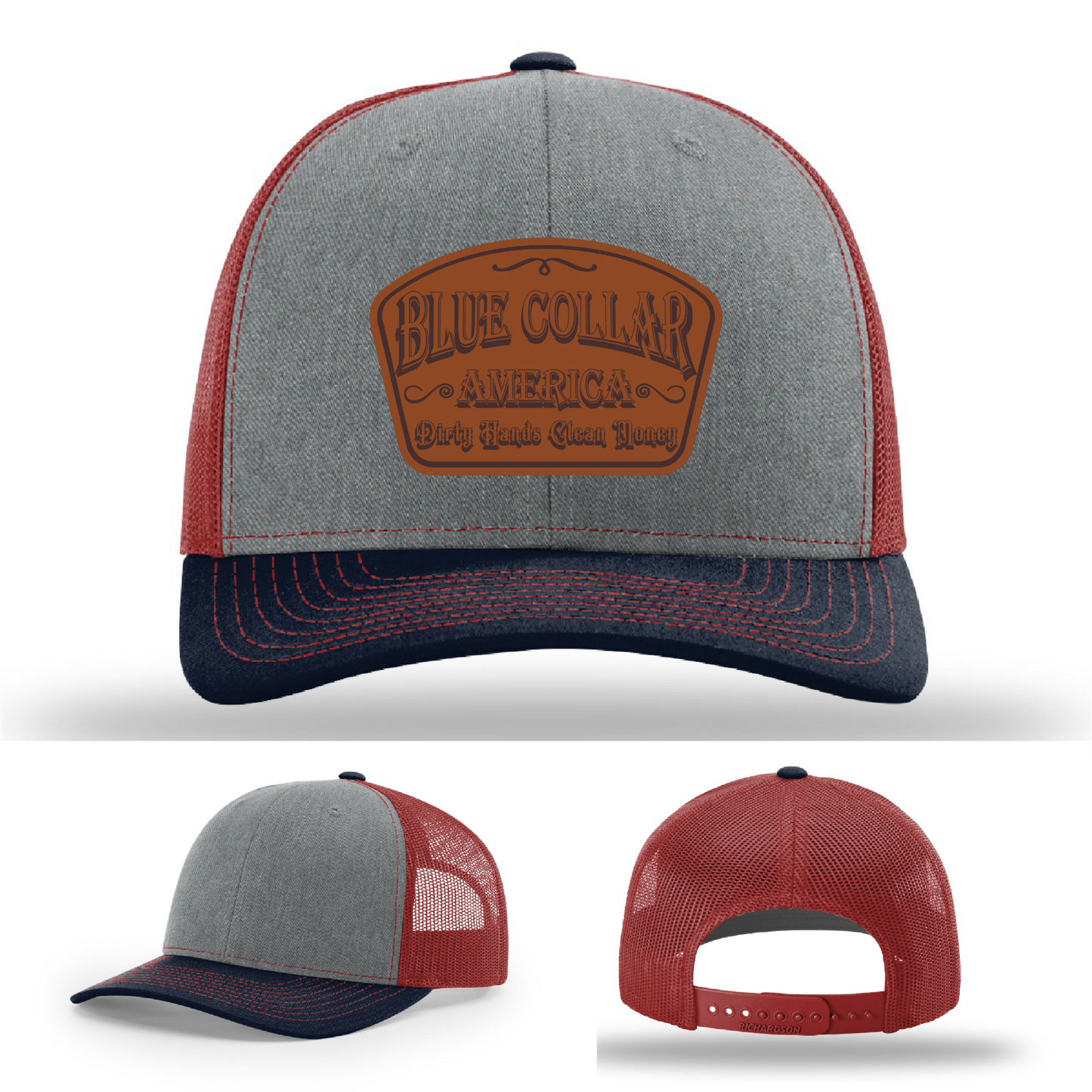 Richardson leather patch hat with 'Blue Collar America β Dirty Hands Clean Money