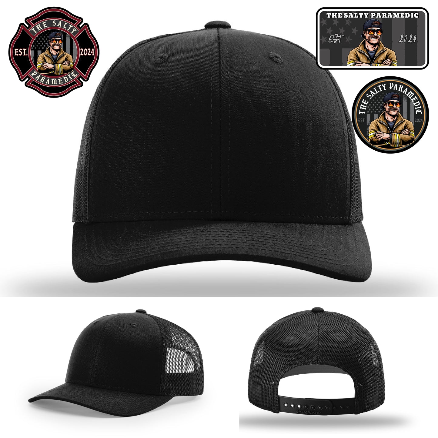 The Salty Paramedic hat with dark leather patch and clean layout