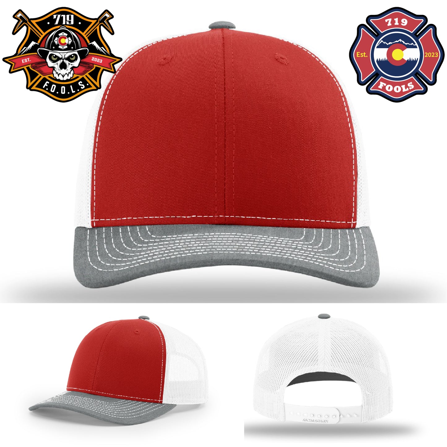 Leather patch firefighter design – 719 FOOLS skull logo on Richardson hat