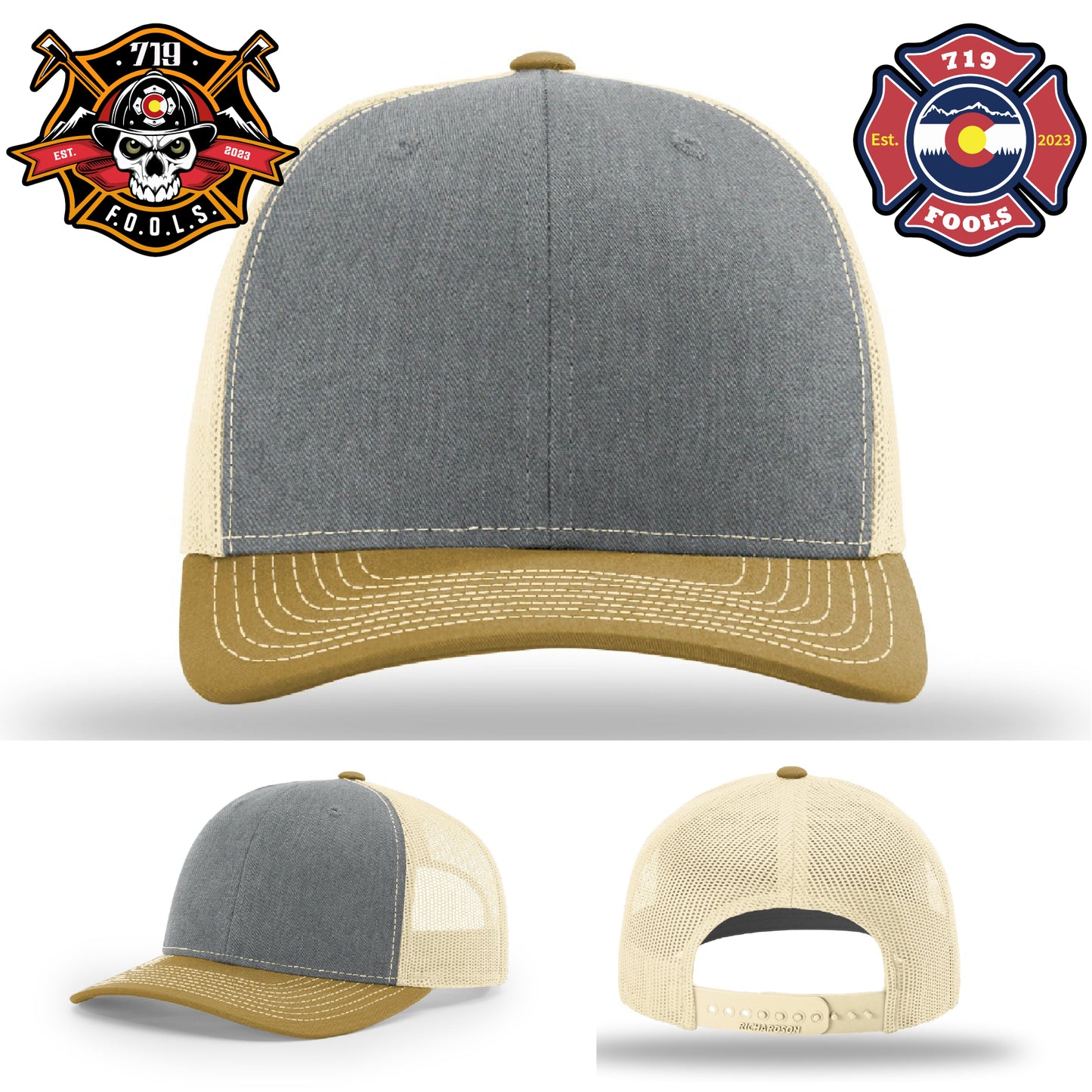 Richardson hat with bold 719 FOOLS leather patch for firefighter crews