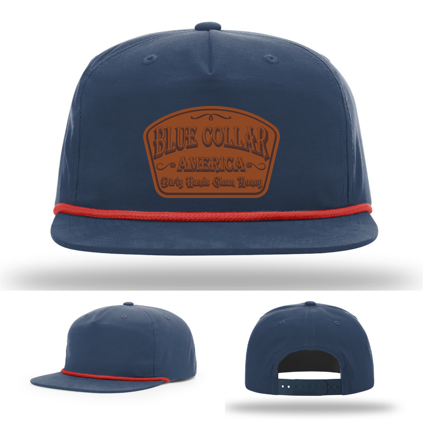 Richardson leather patch hat with 'Blue Collar America β Dirty Hands Clean Money