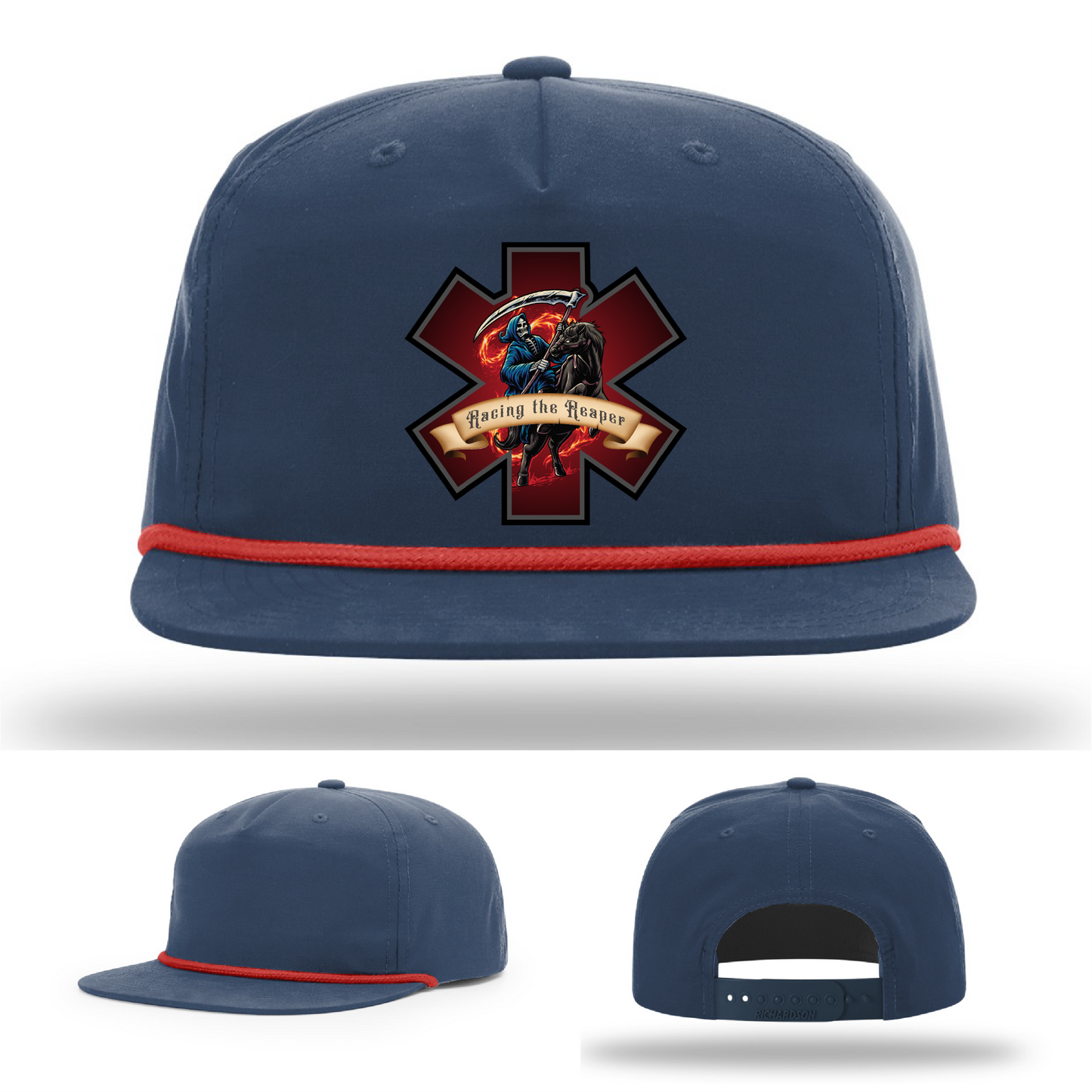 Multiple Racing the Reaper logo styles – leather firefighter patch variants on hats