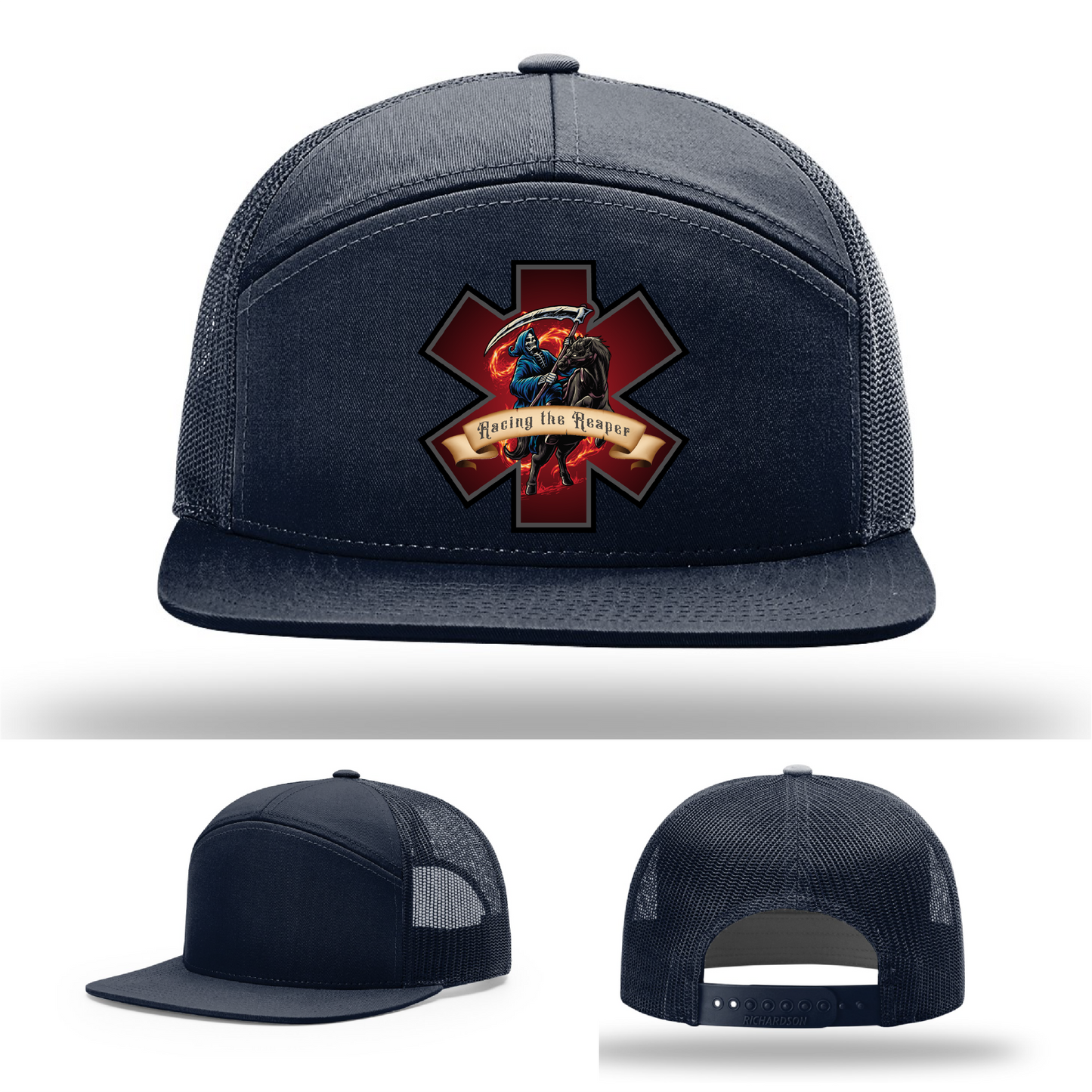 Grim Reaper EMS patch options – leather logos featured on Richardson hat designs