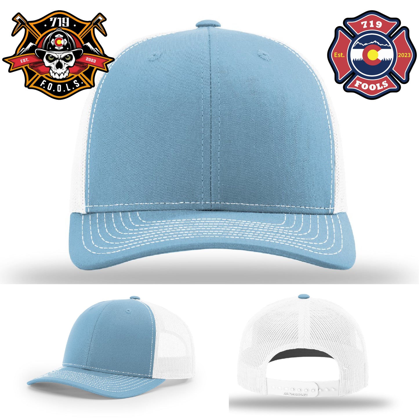 719 FOOLS skull and axes patch on Richardson brand firefighter hat