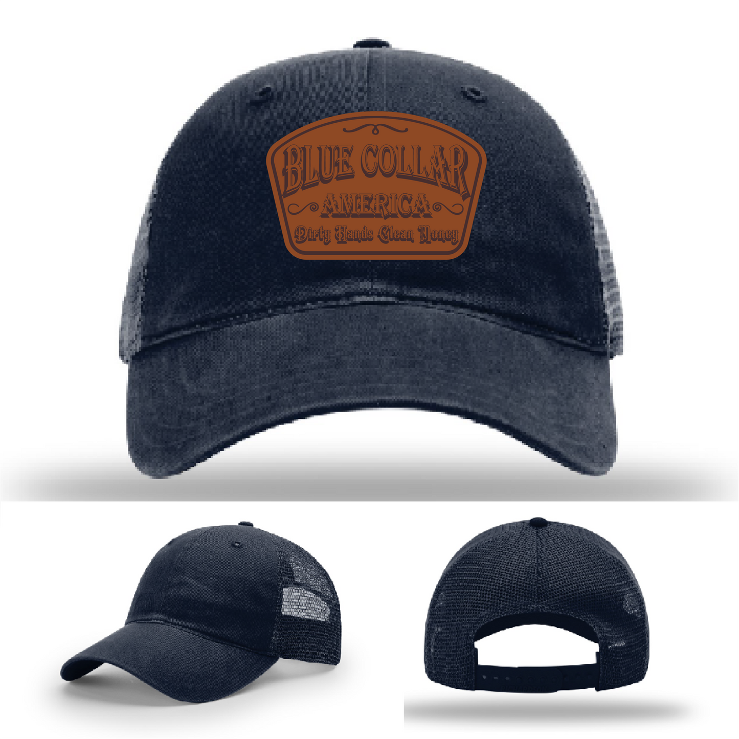 Richardson leather patch hat with 'Blue Collar America β Dirty Hands Clean Money