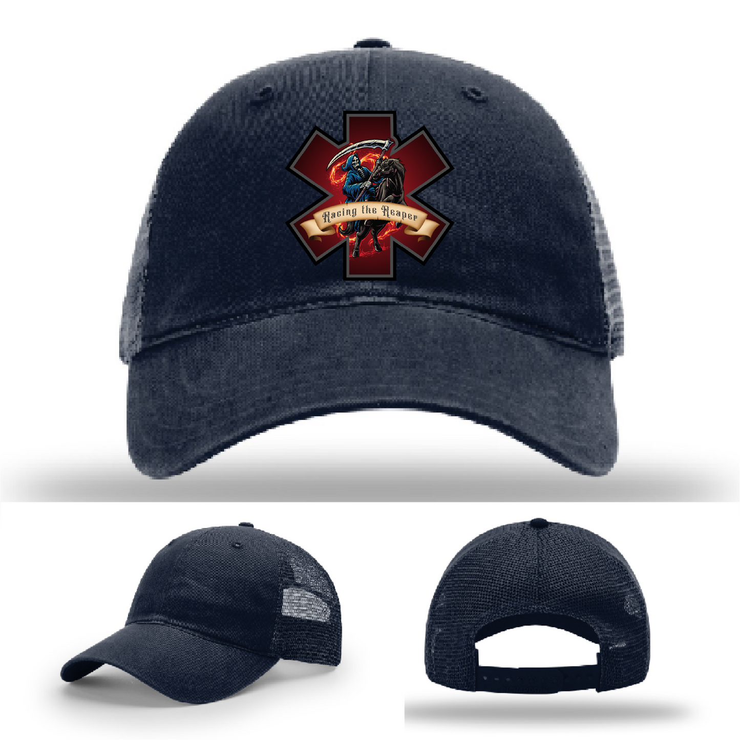 Racing the Reaper patch designs – firefighter leather logos across Richardson hats