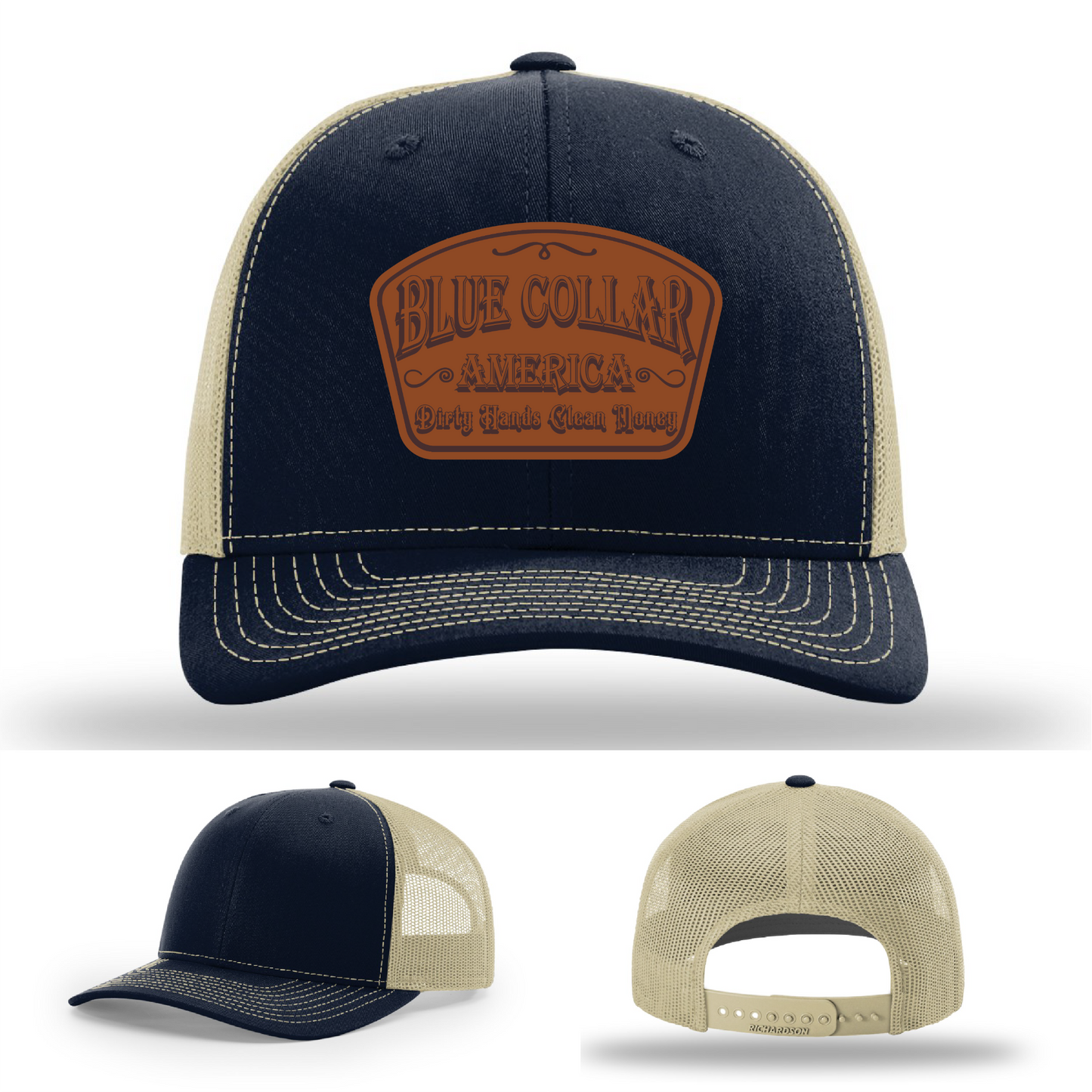 Richardson leather patch hat with 'Blue Collar America β Dirty Hands Clean Money