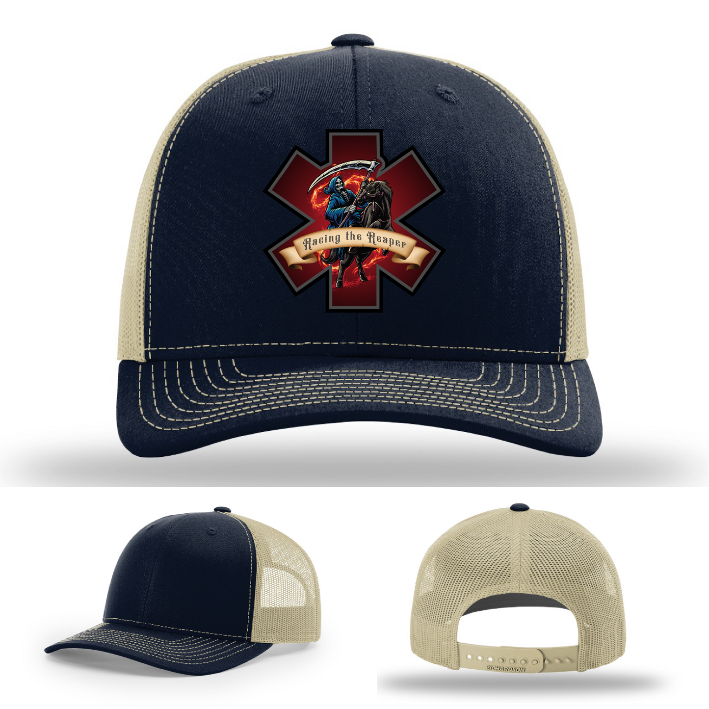 EMS leather patch hats – multiple Racing the Reaper logos shown on Richardson styles