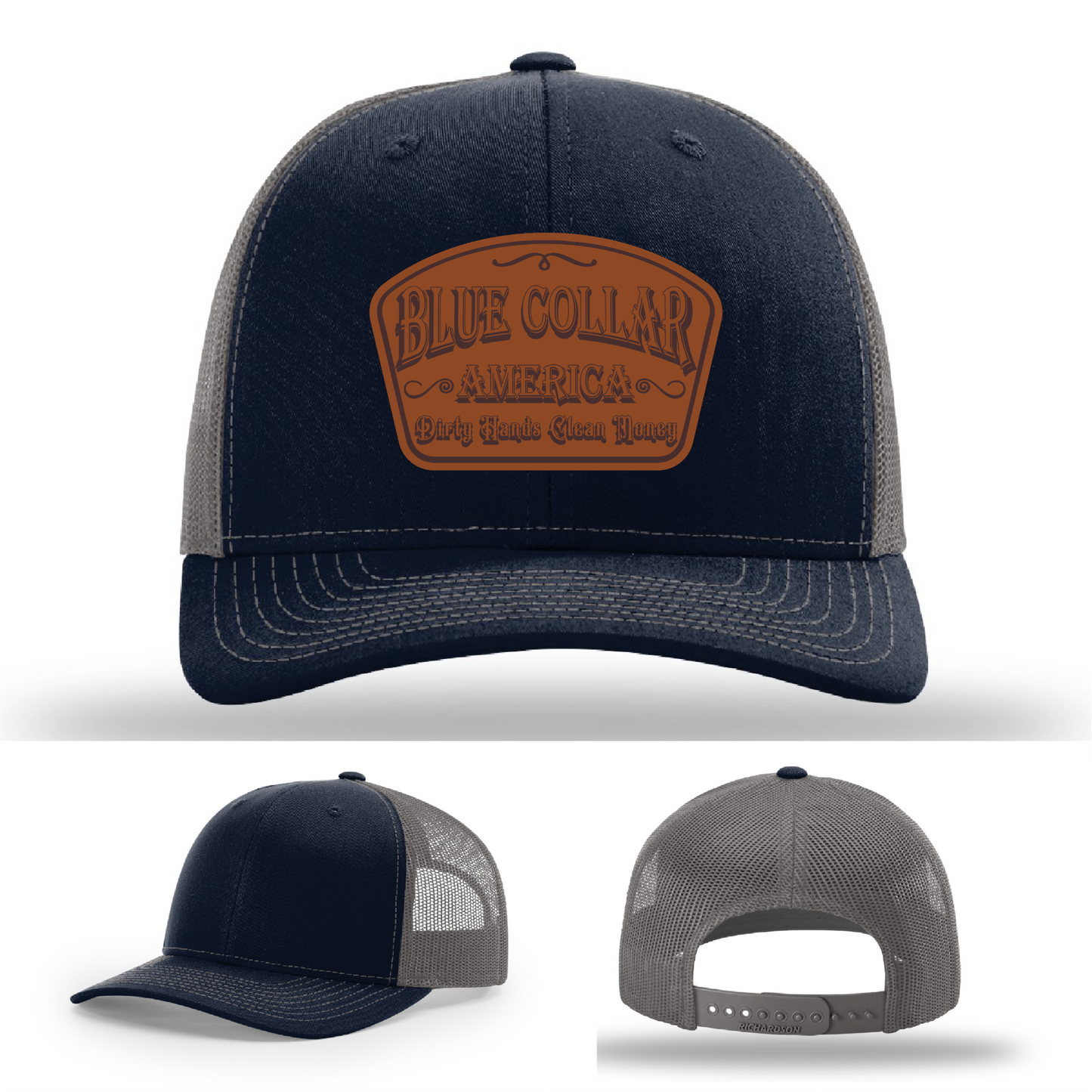 Richardson leather patch hat with 'Blue Collar America β Dirty Hands Clean Money