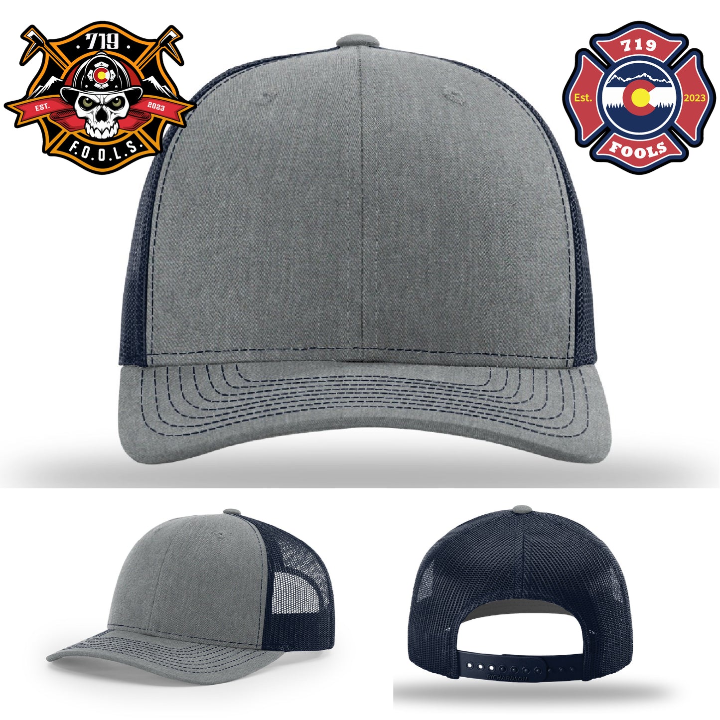 Richardson firefighter hat with detailed 719 FOOLS leather patch