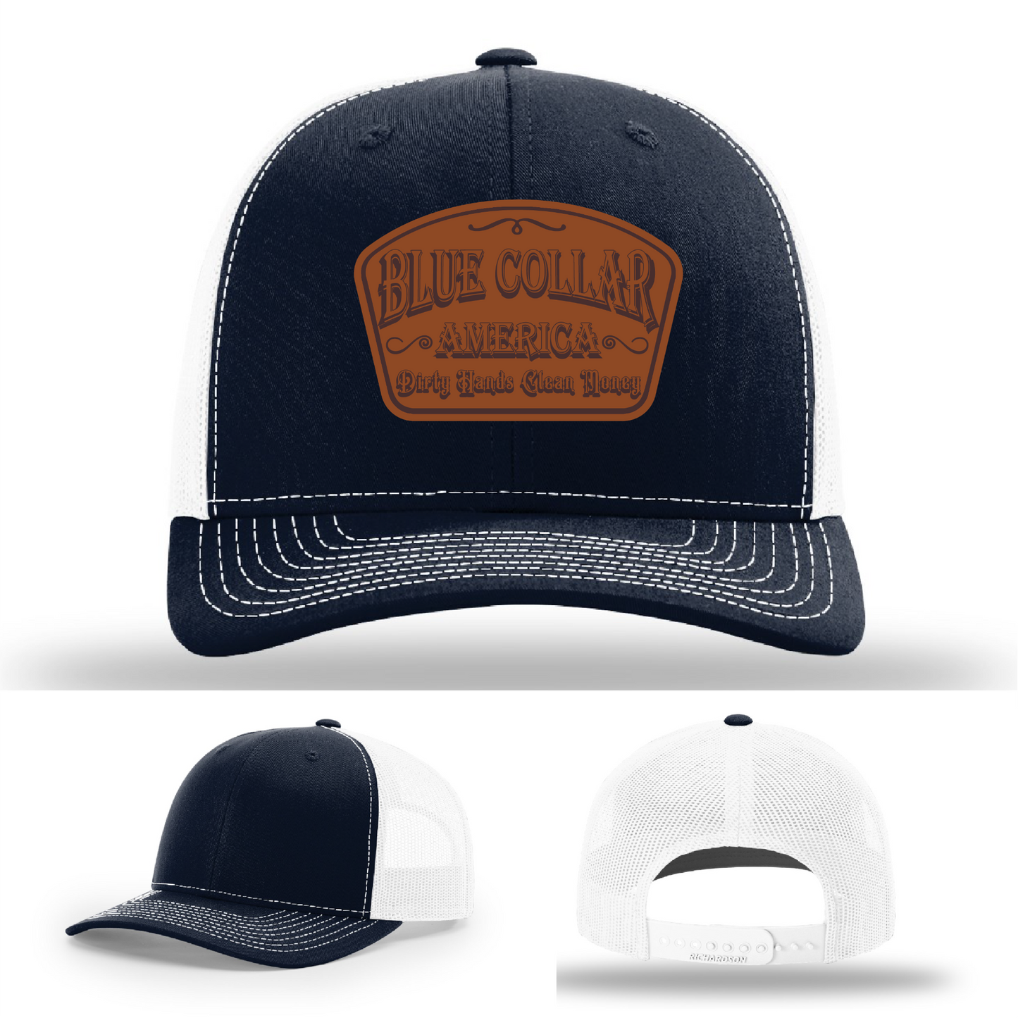Richardson leather patch hat with 'Blue Collar America β Dirty Hands Clean Money