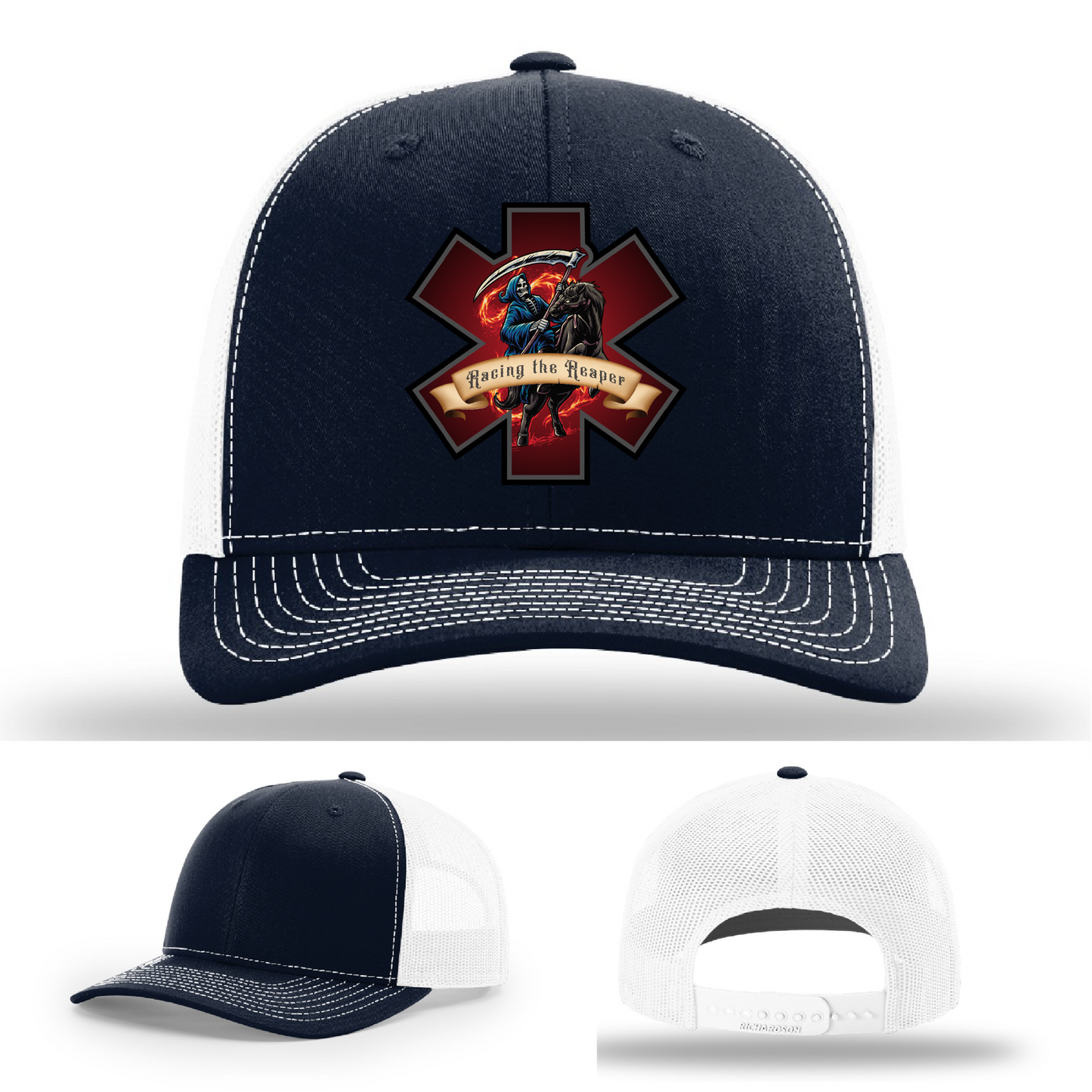 Richardson firefighter hats – Racing the Reaper logo patch options displayed