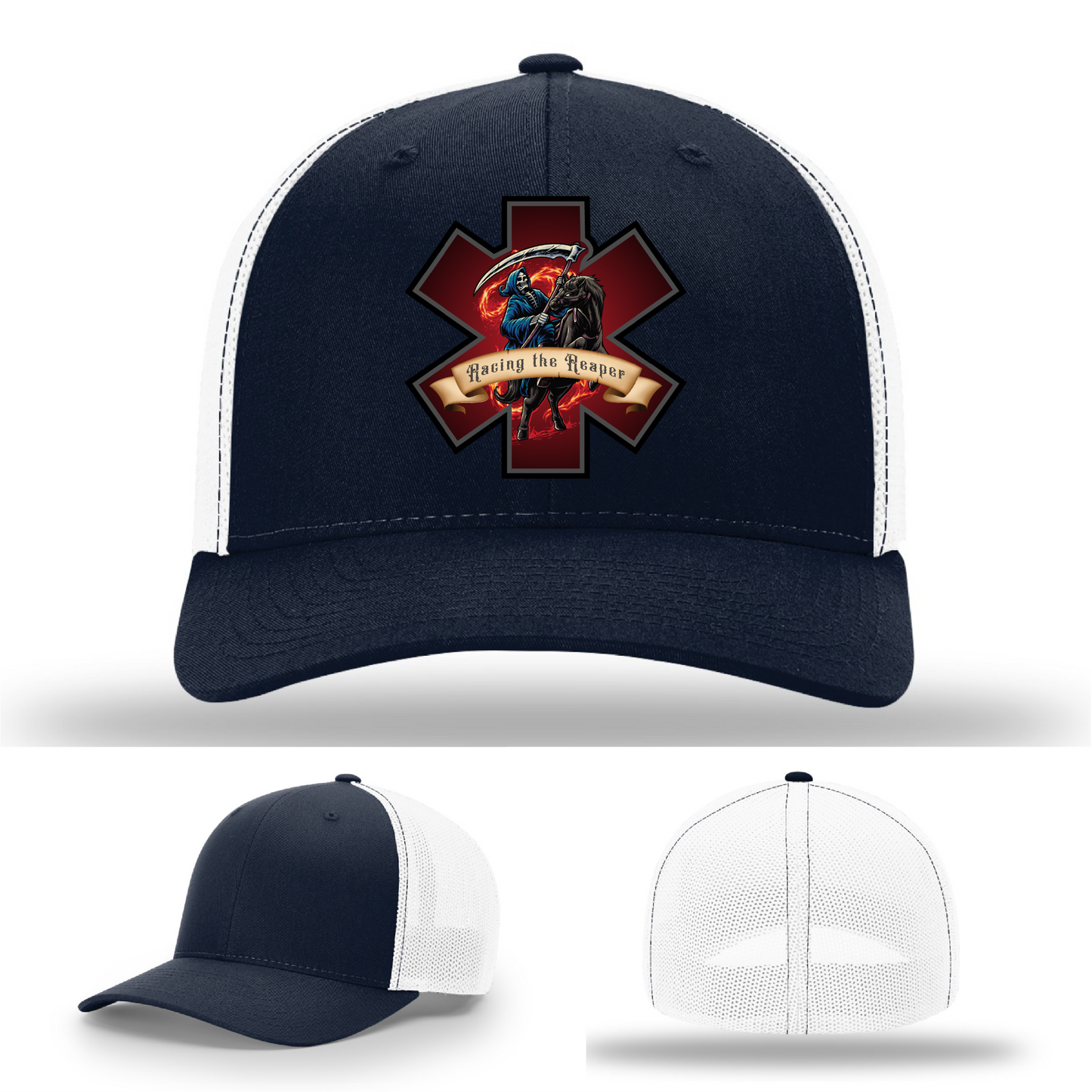 Grim Reaper patch styles – leather firefighter hat variants with EMS themes