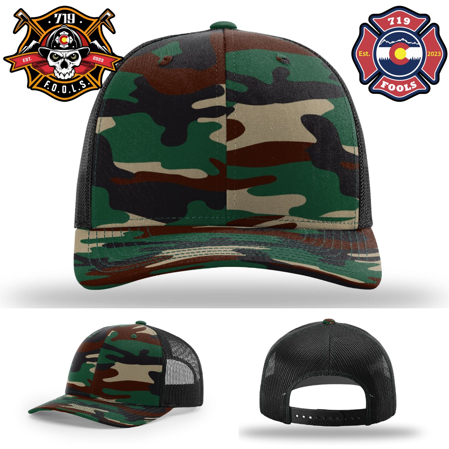 Bold leather patch with 719 FOOLS skull on Richardson firefighter hat