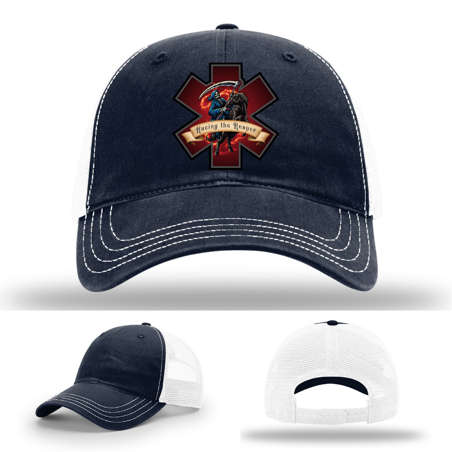 Racing the Reaper firefighter hat collection – leather patch logos on Richardson