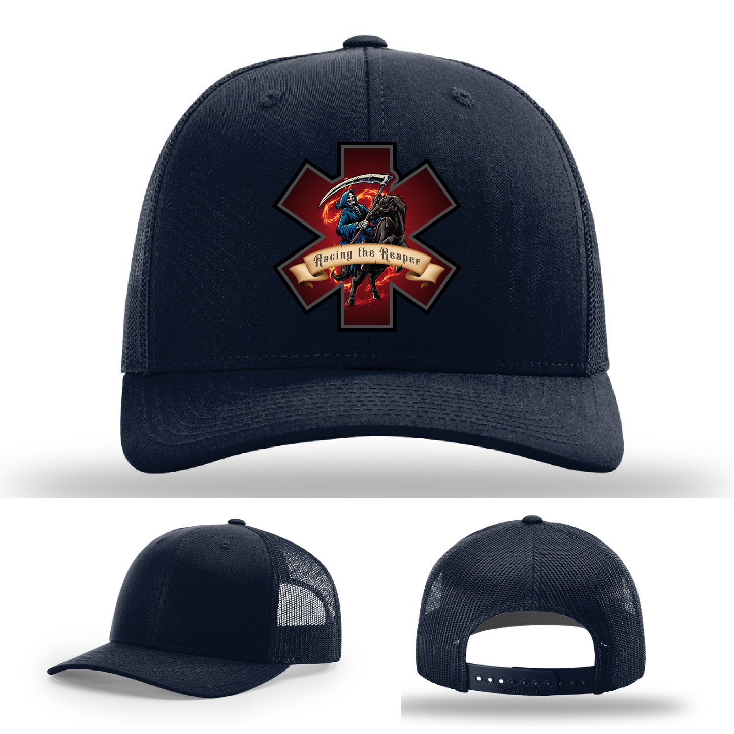 EMS hat patch variants – leather Grim Reaper Racing the Reaper designs featured