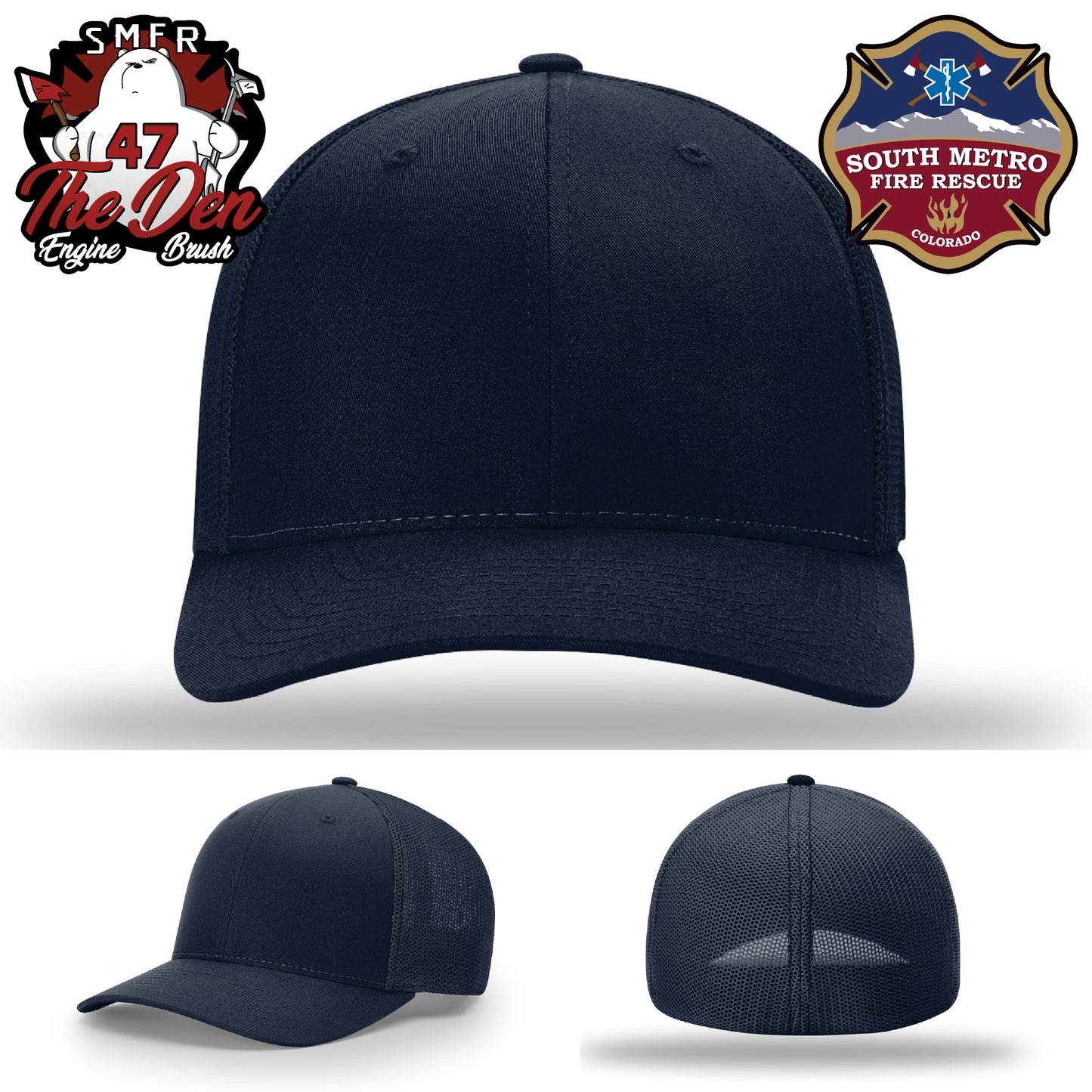 Custom firefighter gear hat with South Metro logo patch
