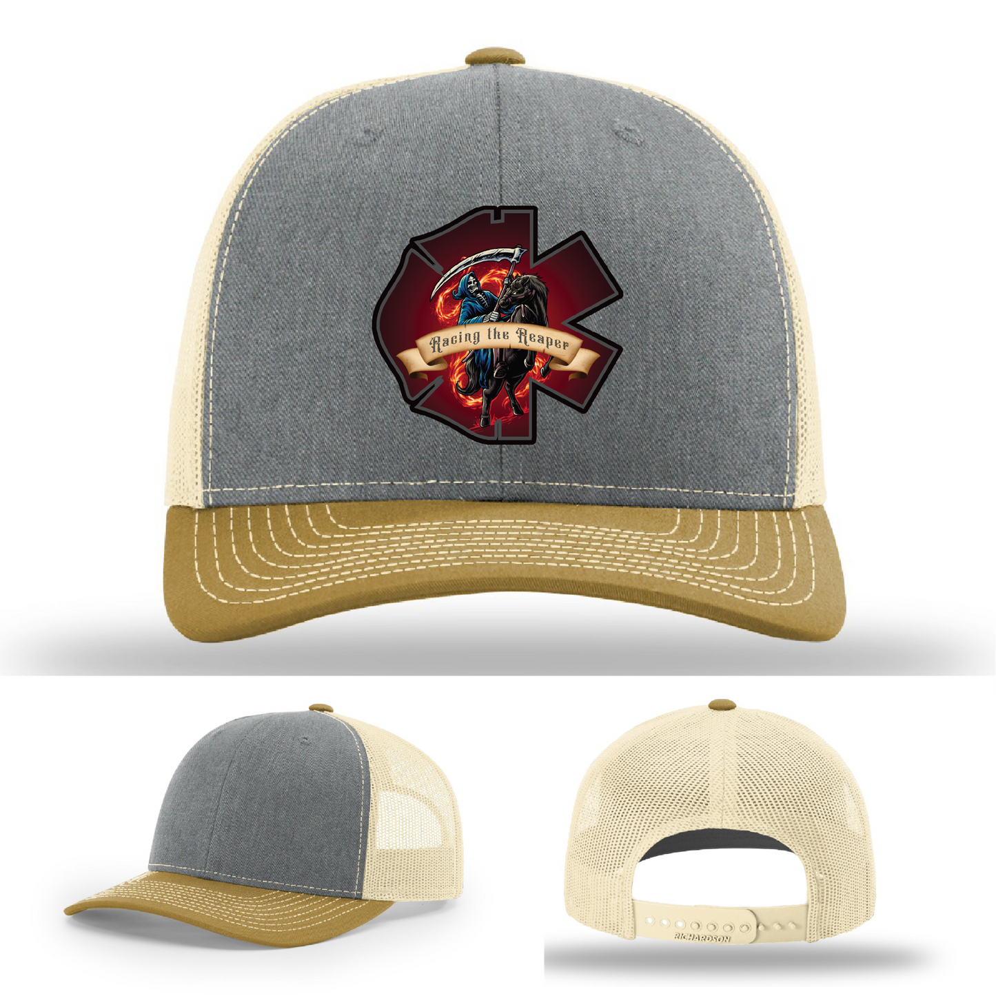 Richardson hat logo options – featuring firefighter leather patches with Racing the Reaper imagery