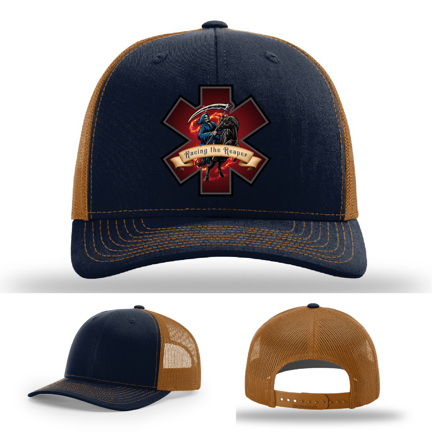 Firefighter patch variants – Racing the Reaper leather logos on Richardson hats