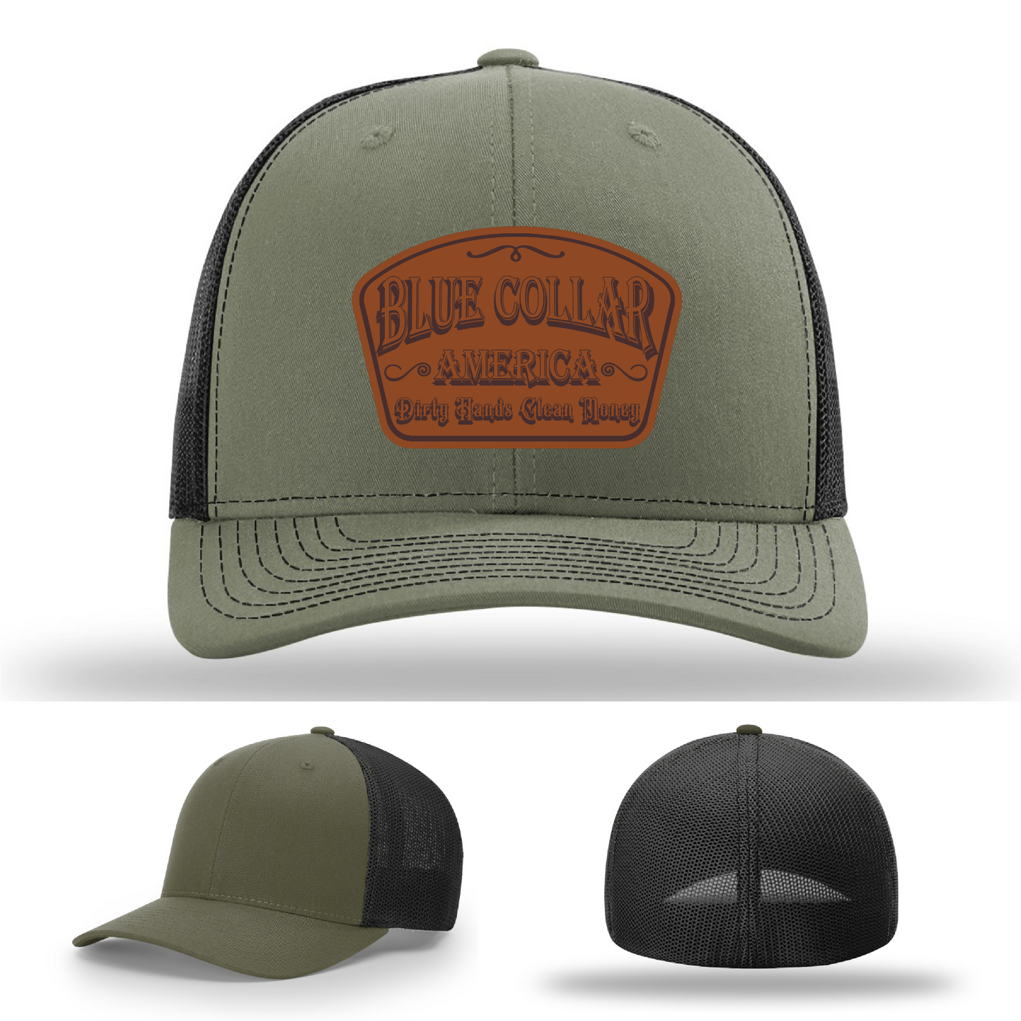 Richardson leather patch hat with 'Blue Collar America β Dirty Hands Clean Money