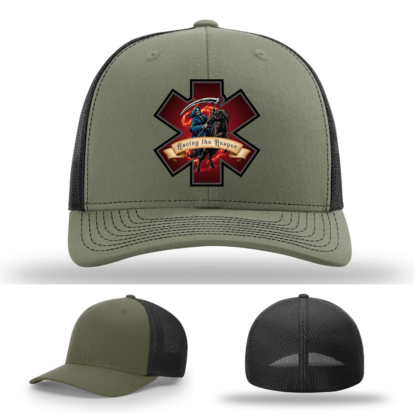 Richardson hat logo options – EMS patch variants with Grim Reaper designs