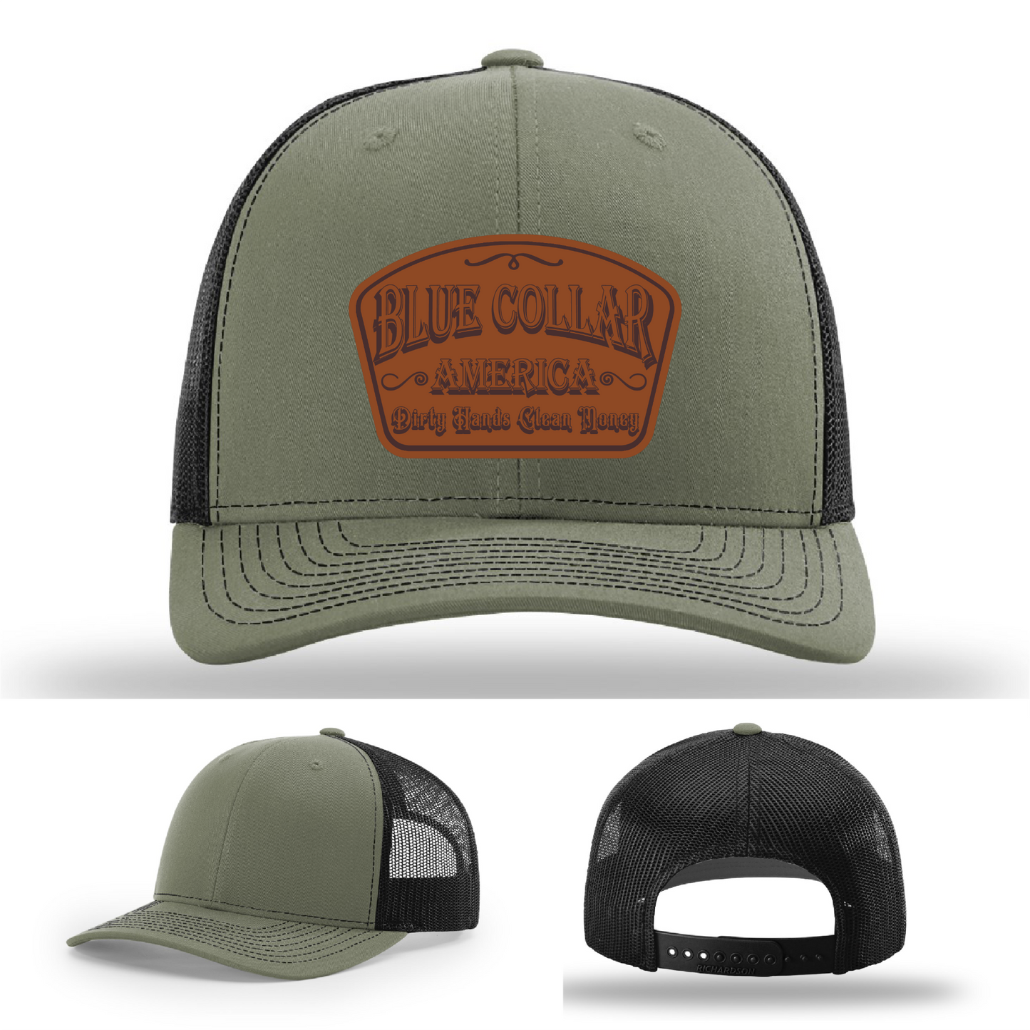 Richardson leather patch hat with 'Blue Collar America β Dirty Hands Clean Money
