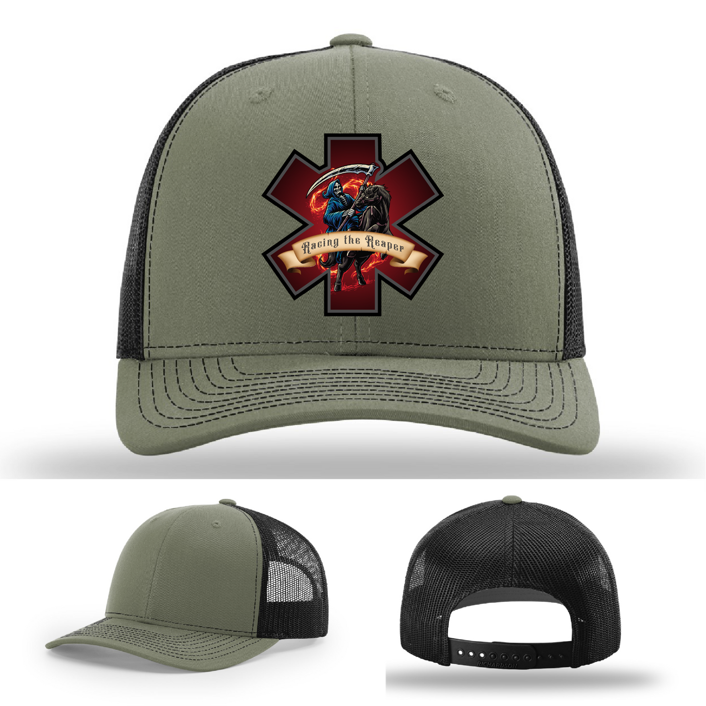 EMS themed patch variants – leather Grim Reaper logos on firefighter hats