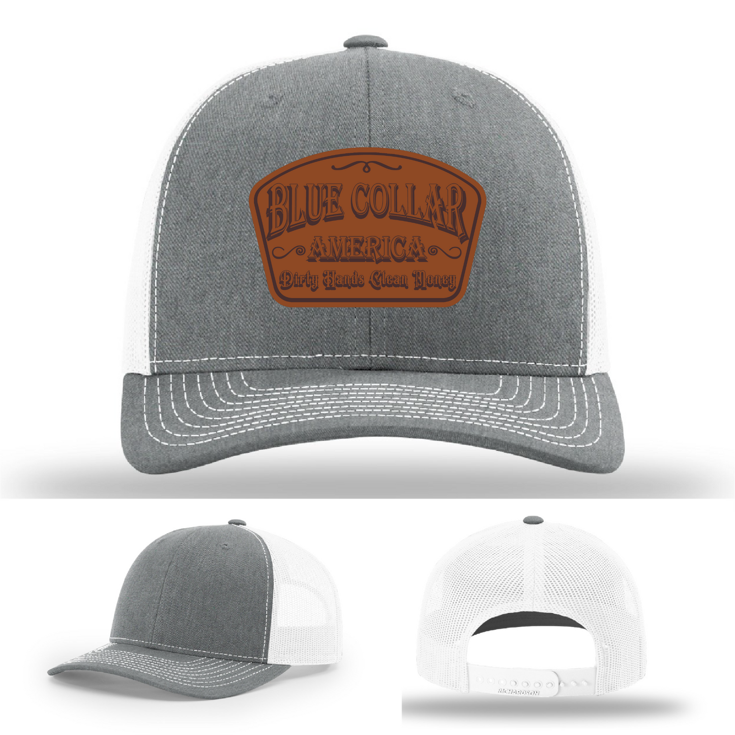 Richardson leather patch hat with 'Blue Collar America β Dirty Hands Clean Money