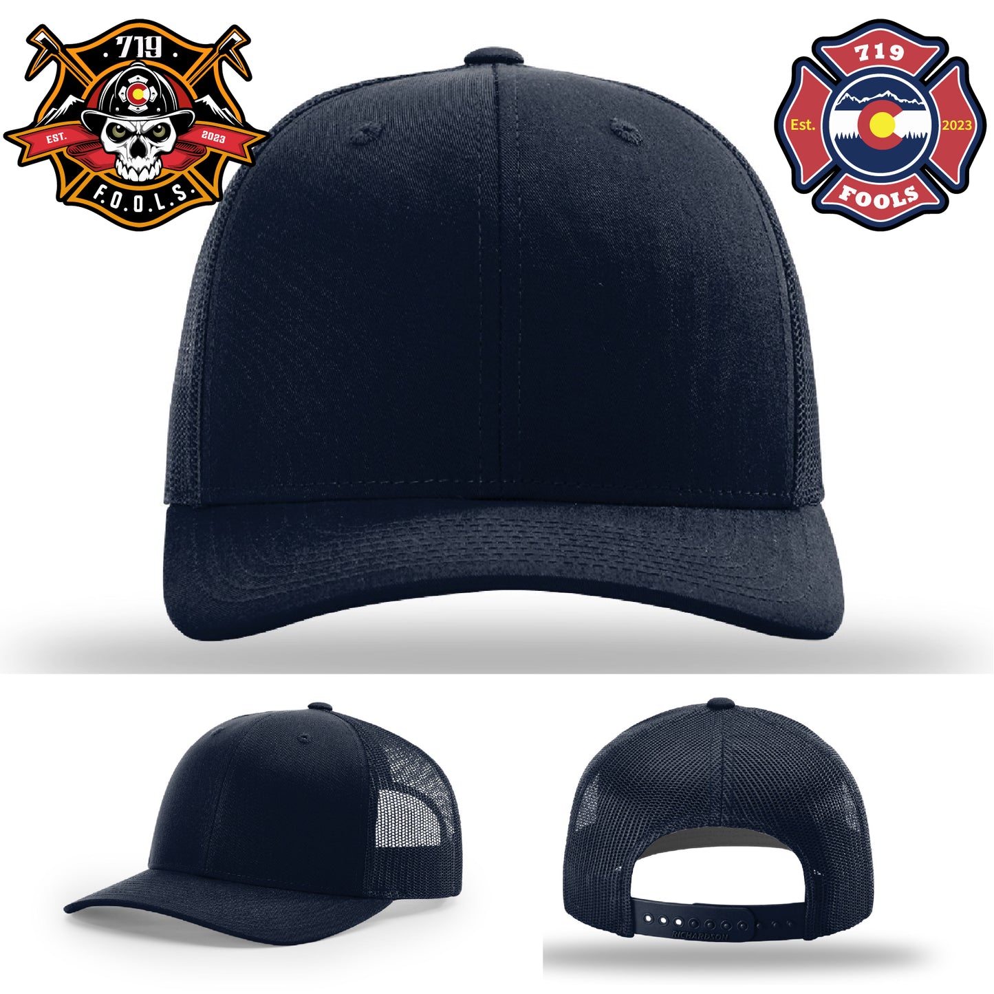 Richardson hat with rugged 719 FOOLS leather firefighter patch