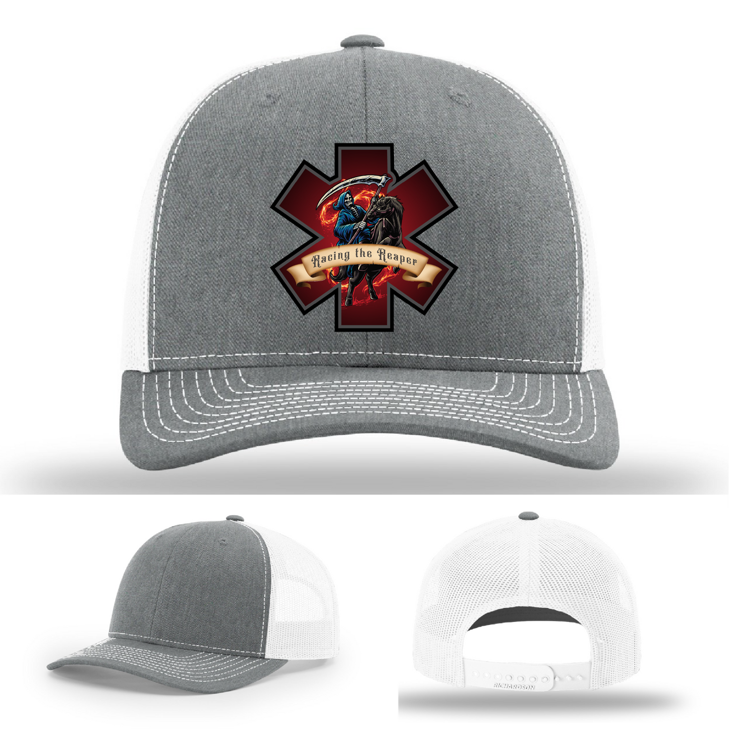 Leather firefighter patch variants – Racing the Reaper logo on Richardson hats