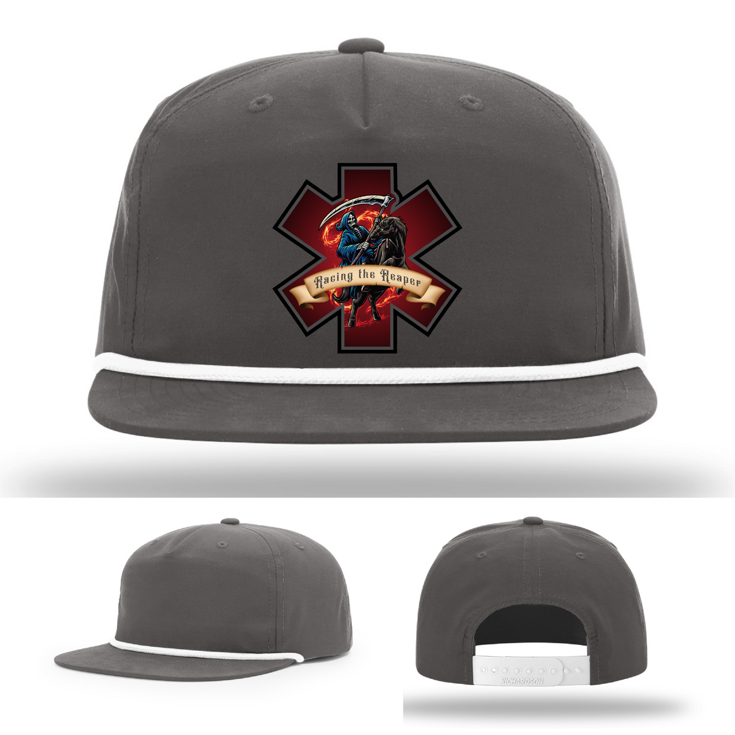 Firefighter hat variants – Racing the Reaper patch designs in leather on Richardson