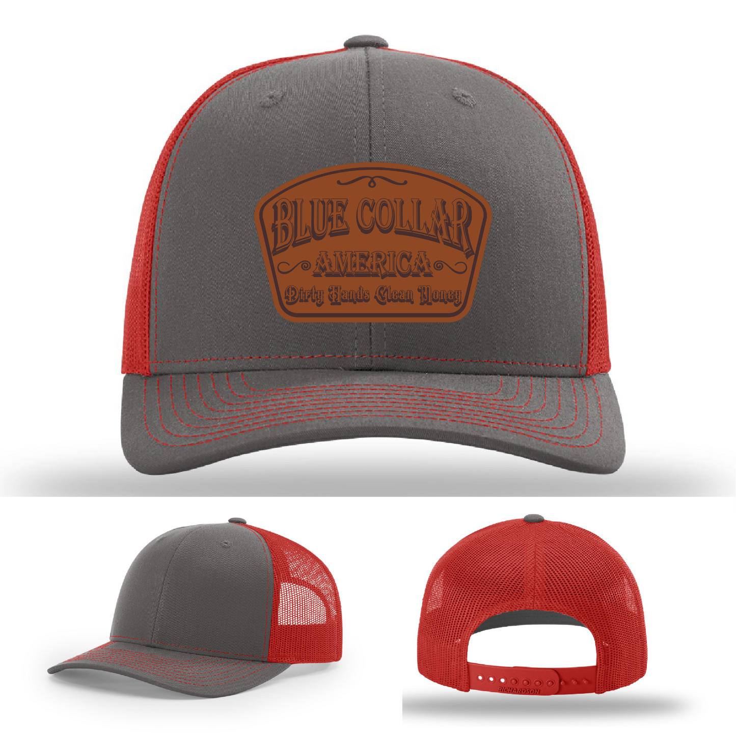 Richardson leather patch hat with 'Blue Collar America β Dirty Hands Clean Money