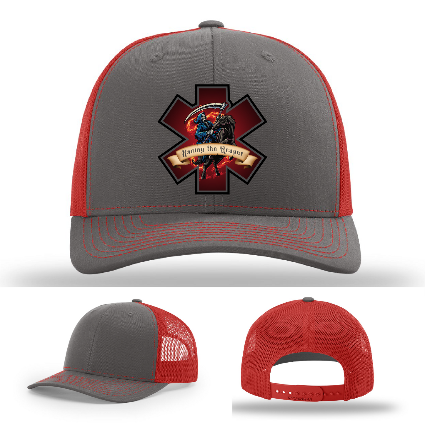 Grim Reaper leather patch options – firefighter hat variants with Racing the Reaper theme