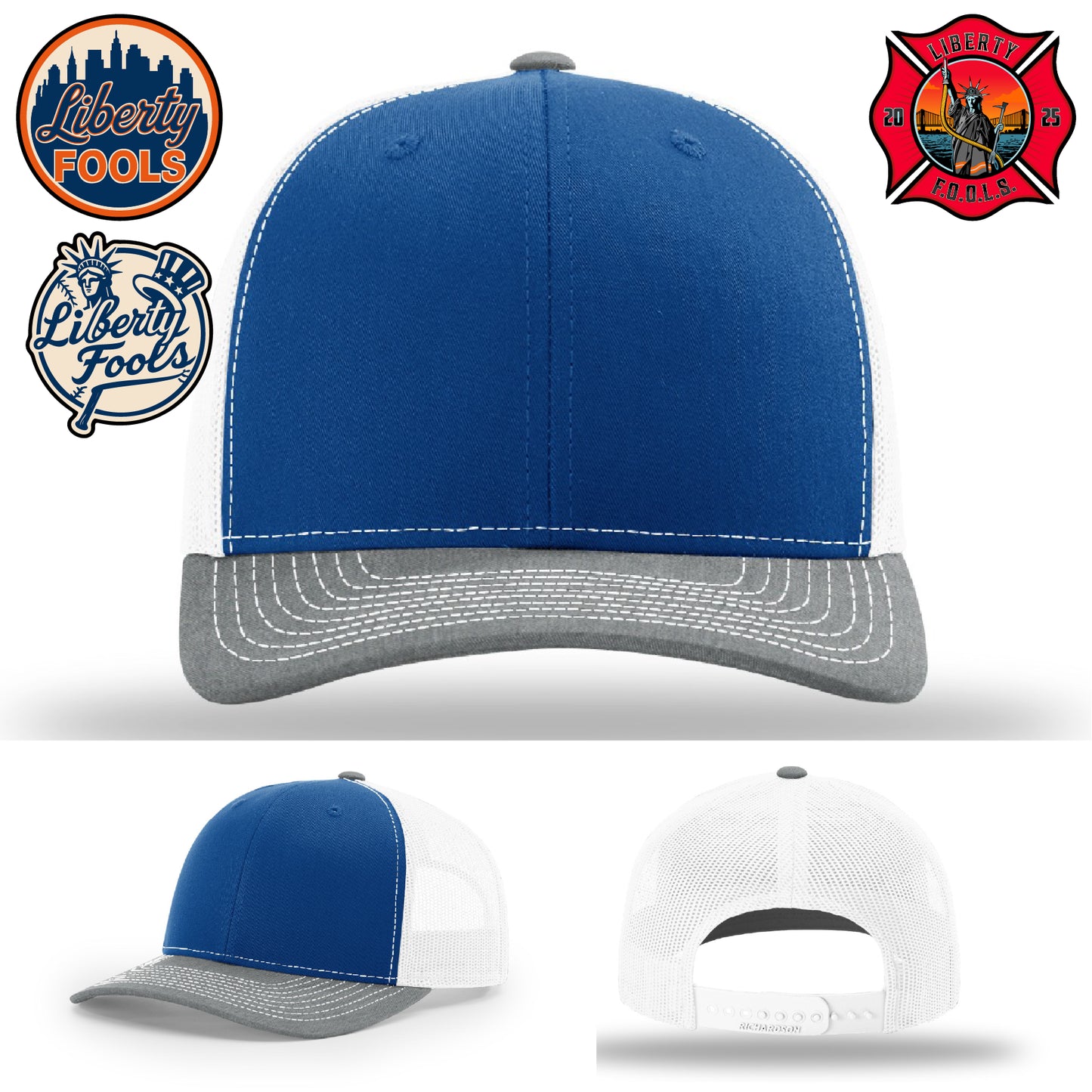 Liberty City FOOLS firefighter hat logo variants β example patches for FOOLS firefighter identity.