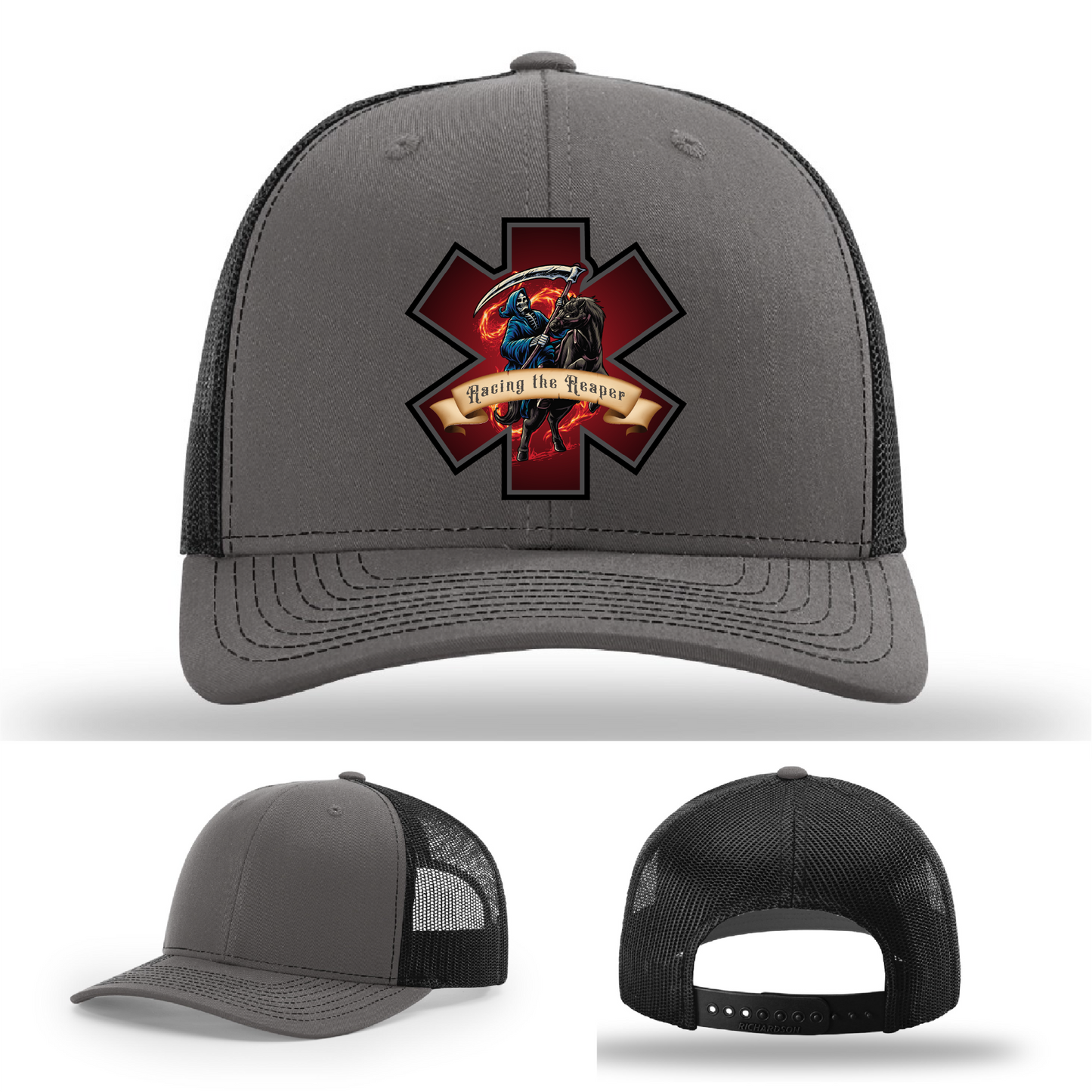 EMS firefighter leather patches – Racing the Reaper logos across Richardson hats