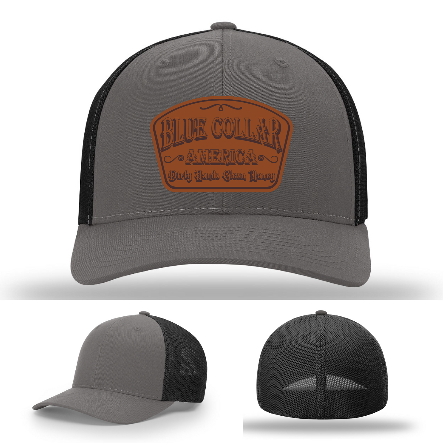 Richardson leather patch hat with 'Blue Collar America β Dirty Hands Clean Money