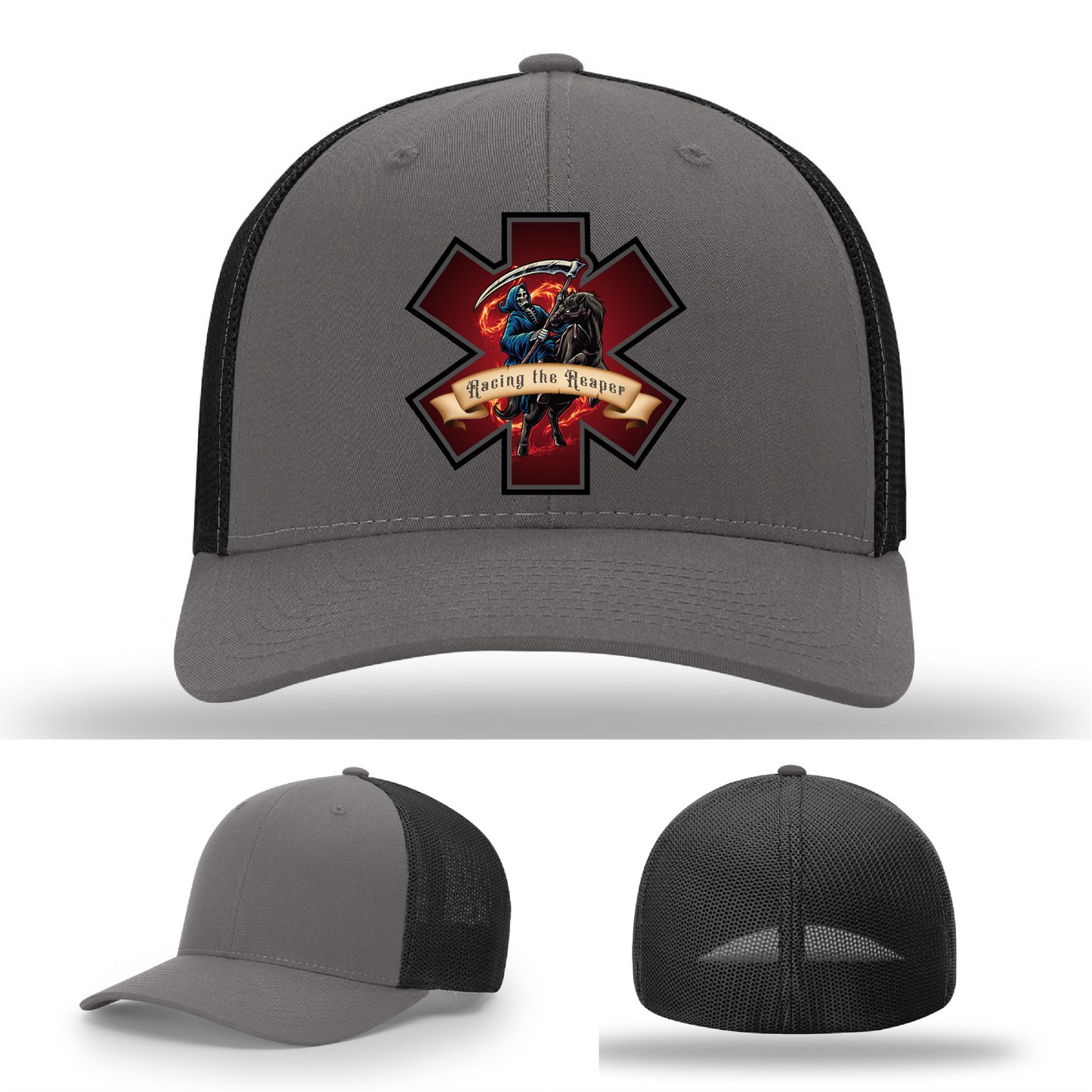 Racing the Reaper themed hat logos – leather firefighter patch variants shown