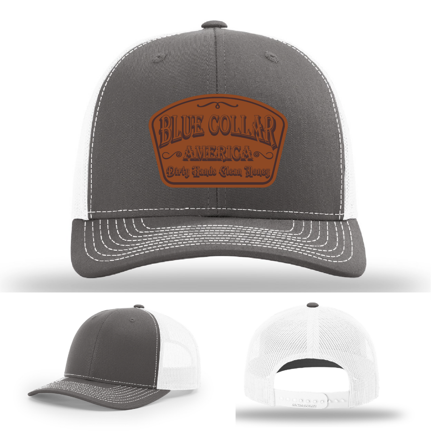 Richardson leather patch hat with 'Blue Collar America β Dirty Hands Clean Money