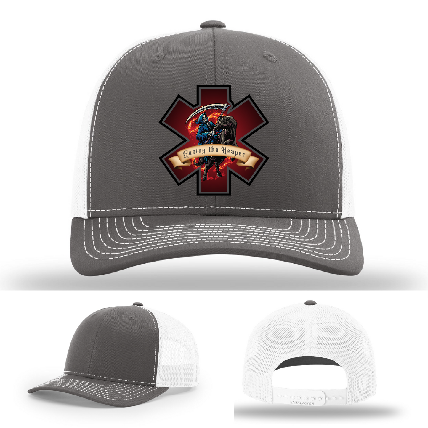 Hat logo variants for EMS and firefighters – Racing the Reaper leather patch designs