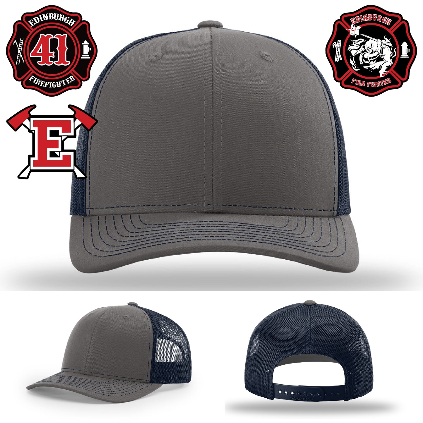 Hat featuring firefighter logo with bold leather patch design