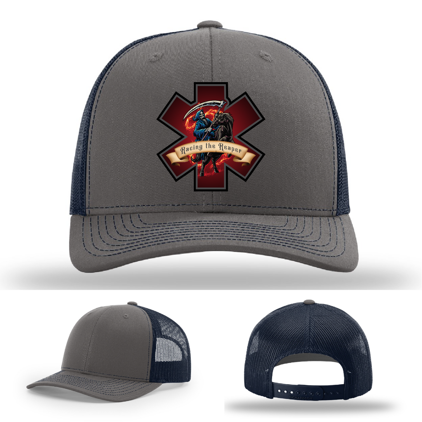 Racing the Reaper fire patch options – leather logos on Richardson firefighter hats