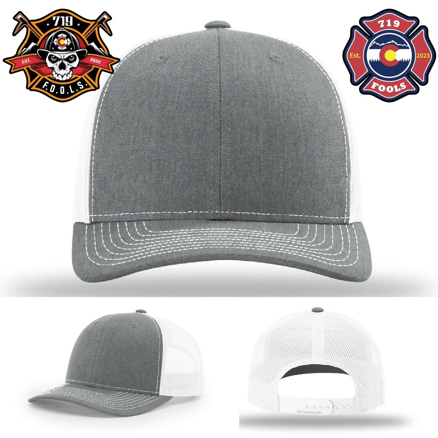 Richardson firefighter hat with proud 719 FOOLS leather badge