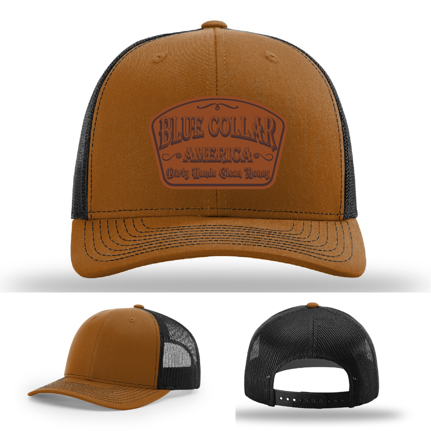 Richardson leather patch hat with 'Blue Collar America β Dirty Hands Clean Money