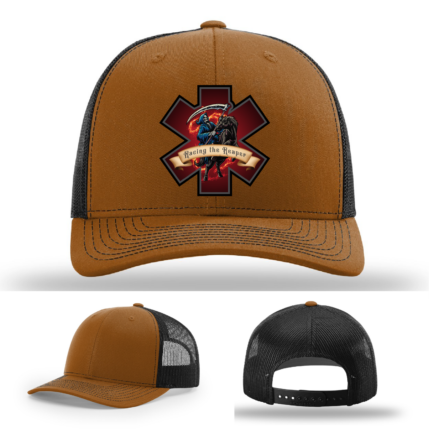 Leather patch variants – Grim Reaper themed firefighter logos on Richardson hats