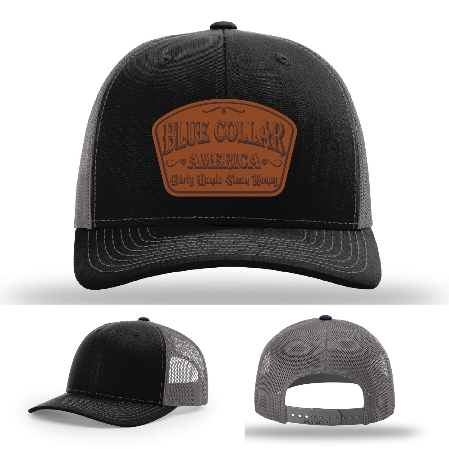 Richardson leather patch hat with 'Blue Collar America β Dirty Hands Clean Money