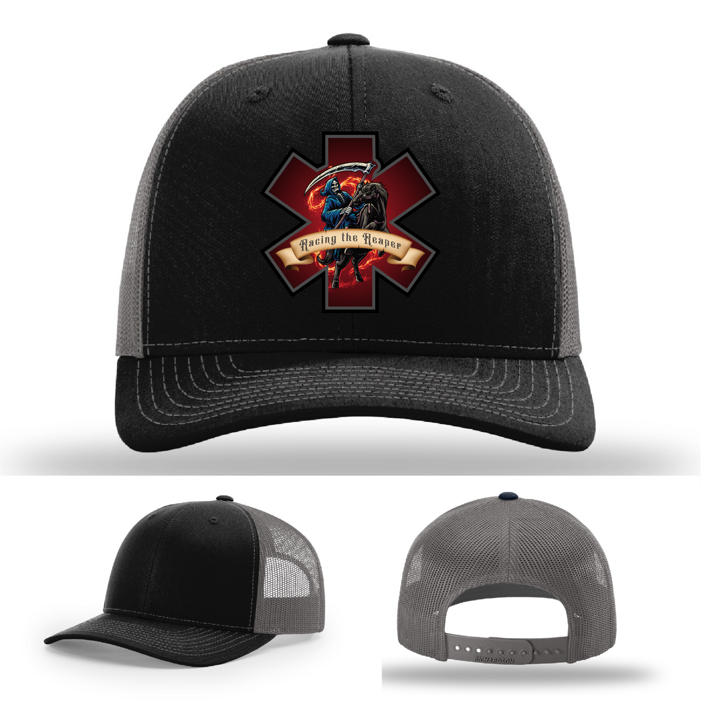 Firefighter hat styles – Racing the Reaper leather patch logos across Richardson variants